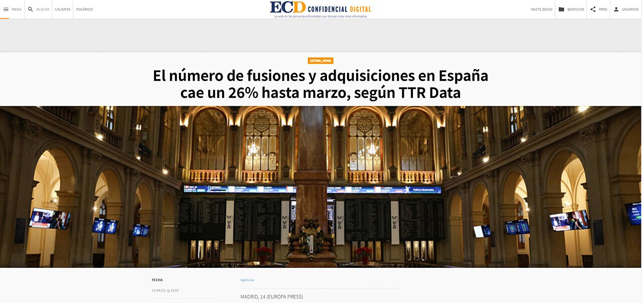 El nmero de fusiones y adquisiciones en Espaa cae un 26% hasta marzo, segn TTR Data